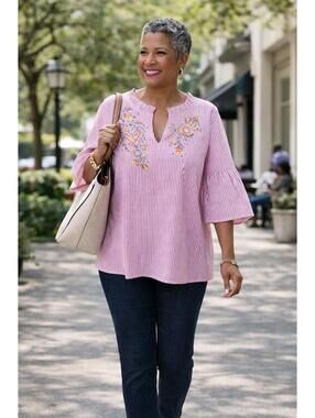 Quacker Factory Women's Pink Striped Floral Embroidered Top Boho Cottagecore, XL